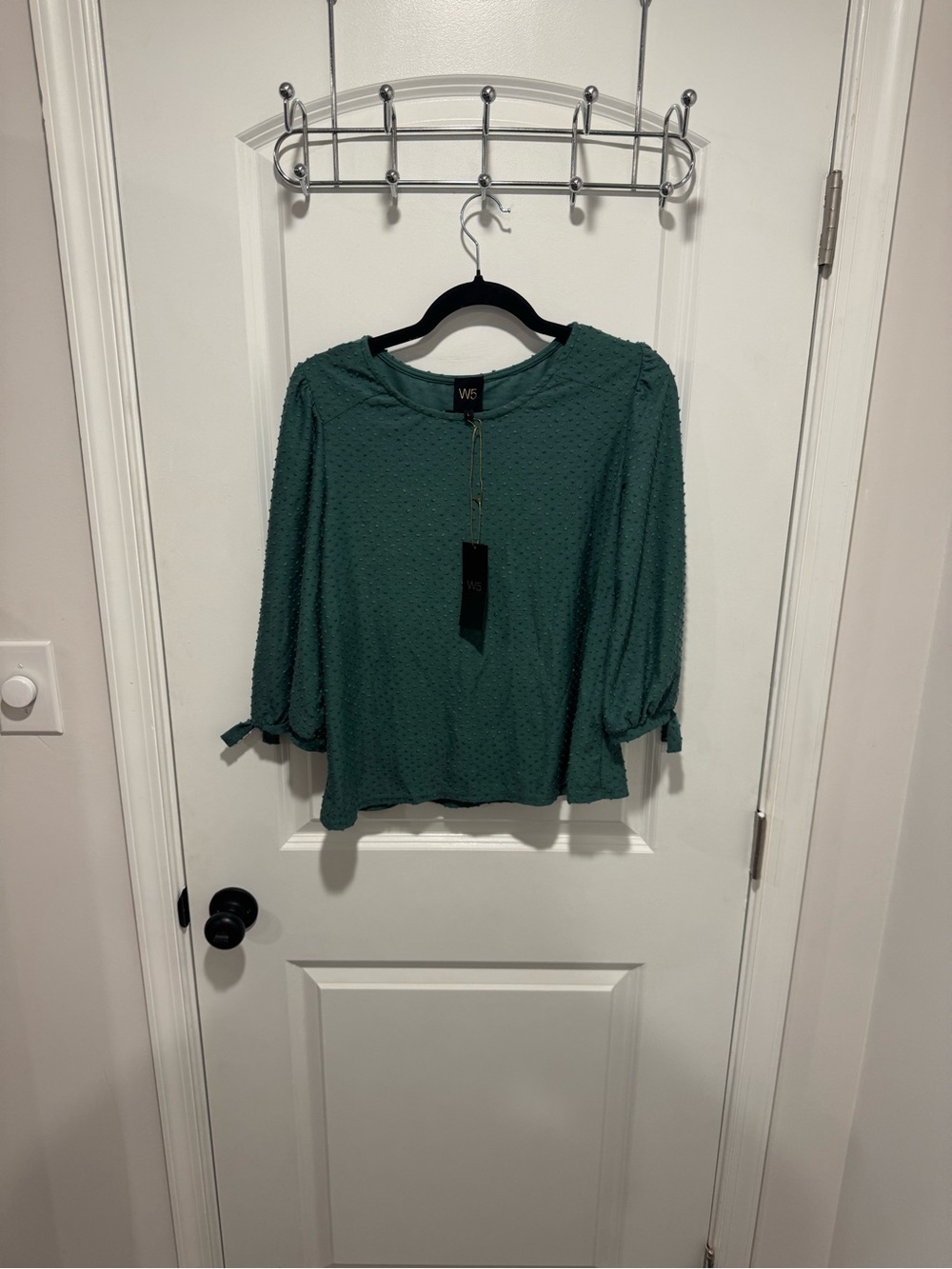 W5 Teal Textured Puff-Sleeve Blouse with Tie Cuffs